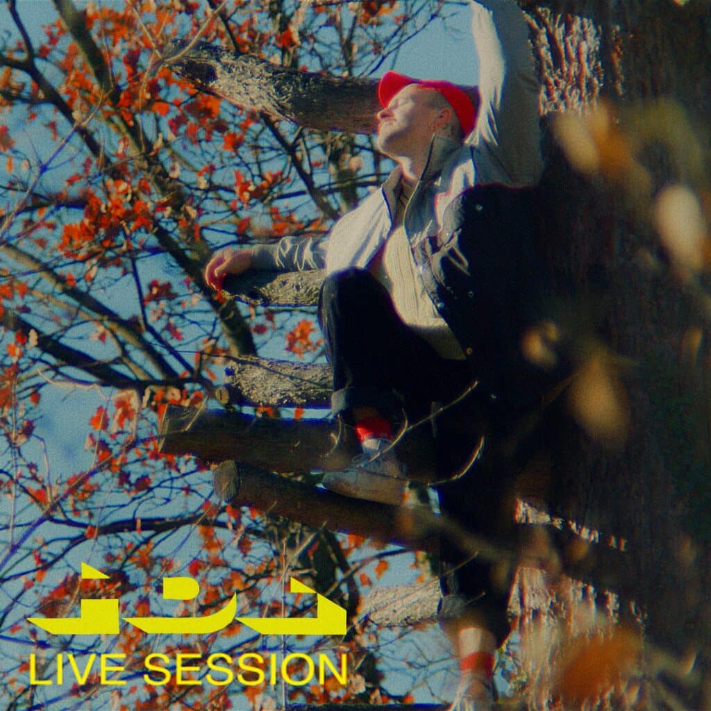 Das Albumcover zu "From A Valley Live Session". Der Musiker Harry Dean Lewis sitzt in einem herbstlich, rot-gefärbten Baum.