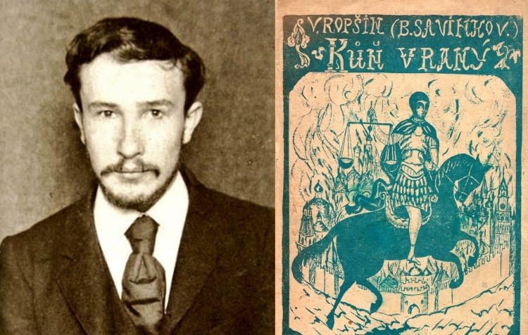 Der Autor der Textvorlage für Tagebuch eines Terroristen Boris Savinkov und eine zeitgenösssiche tschechische Ausgabe des Romans "Das fahle Pferd" (Kombination gemeinfreier Werke aus commons.wikimedia.org)