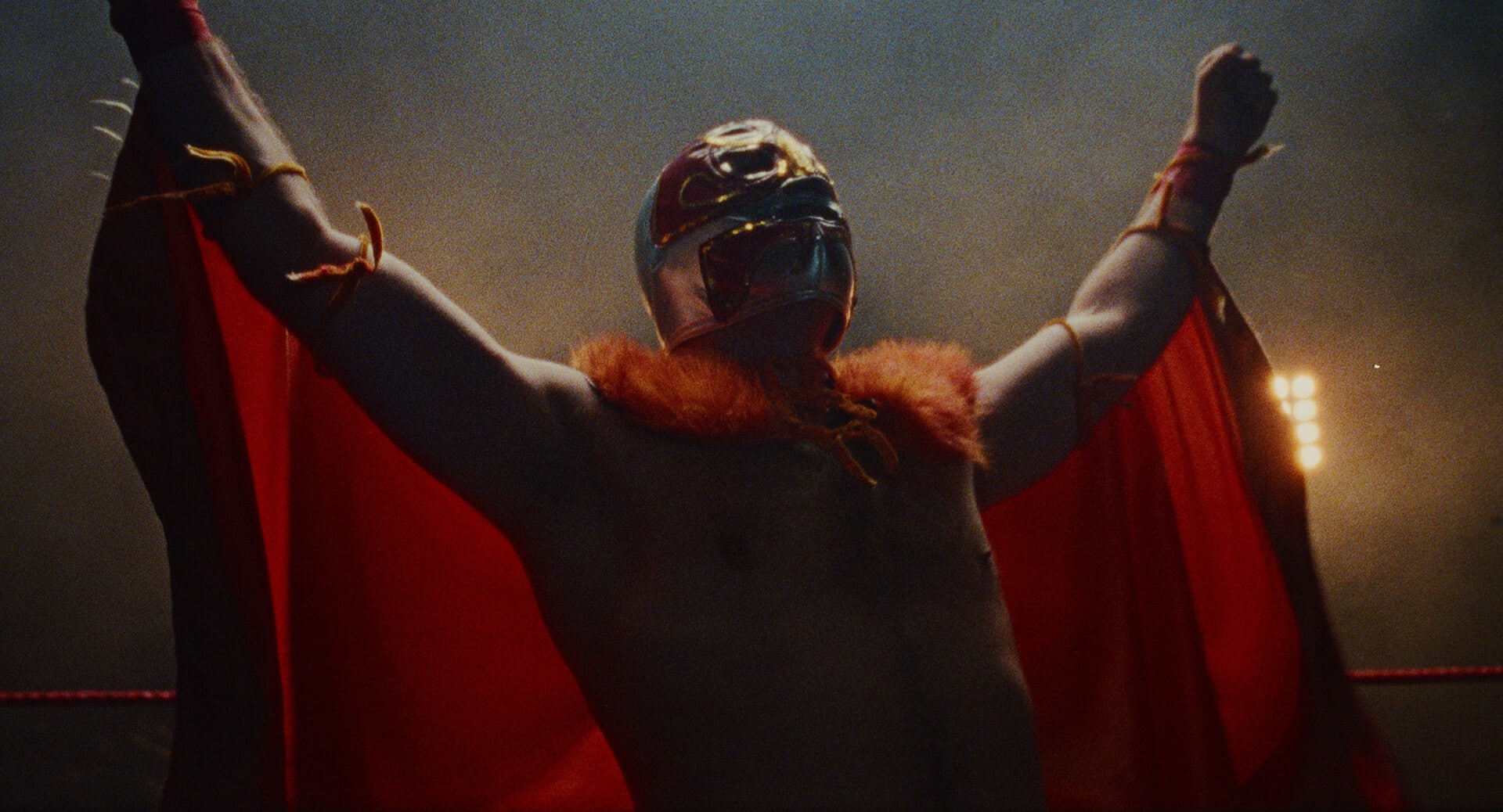 Ein Videostill aus dem Musikvideo "Schmetterling". Der Wrestler Rote Schmetterling beim Jubeln.