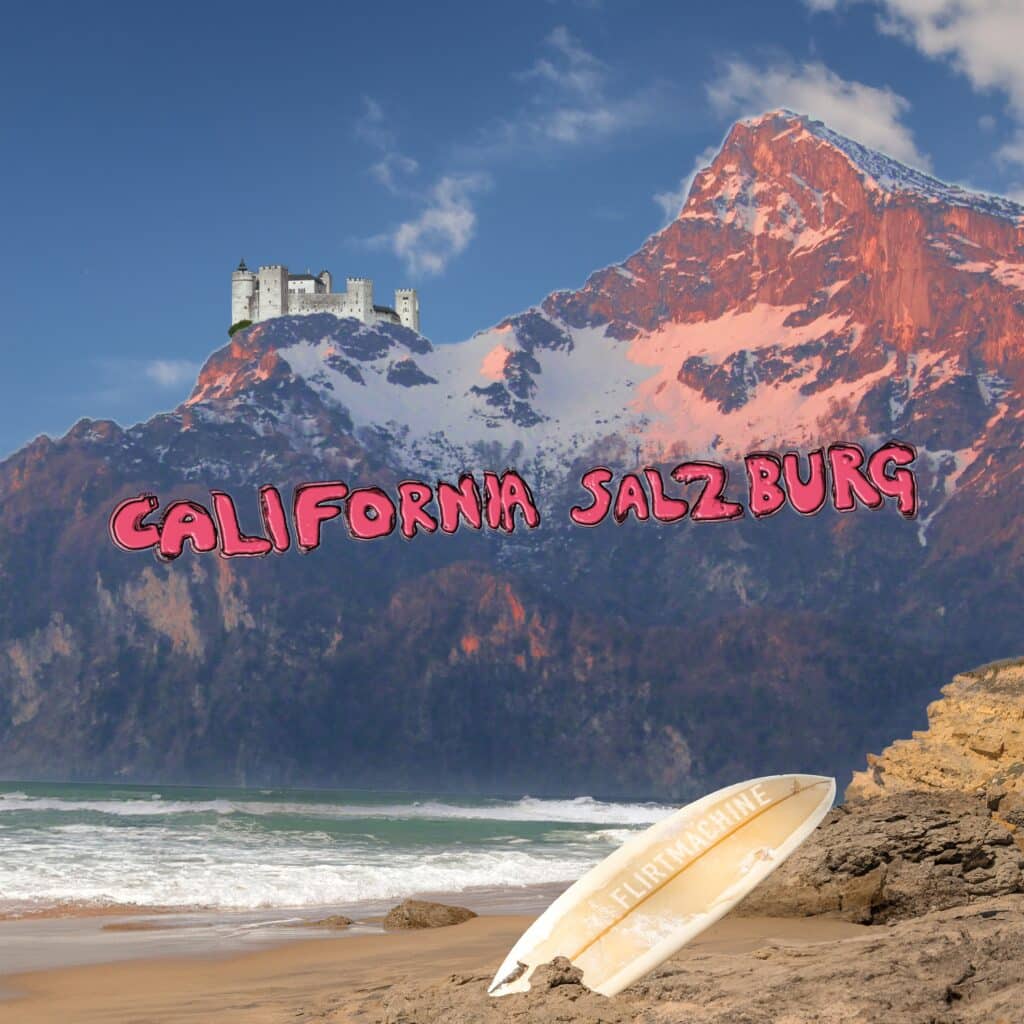 Das Albumcover zu California Salzburg bestehend aus einer Collage mit Strand, Meer, Surfbrett, hohen Bergen und der Festung Hohensalzburg