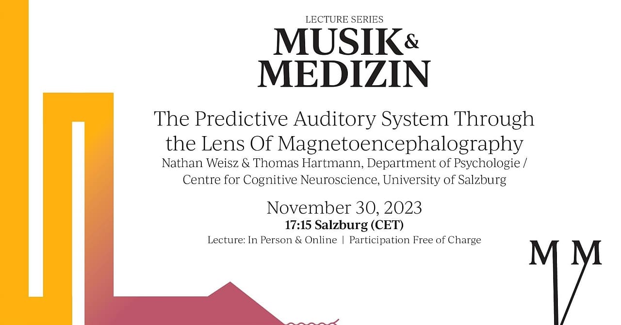 Programmkarte zur Vortragsreihe „MUSIK & MEDIZIN“ mit Nathan Weisz und Thomas Hartmann