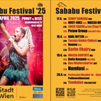 Gelber Flyer vom Sababu-Festival 2025 mit einem Foto der Sängerin Nomfusi und dem gesamten Line-Up des Festivals