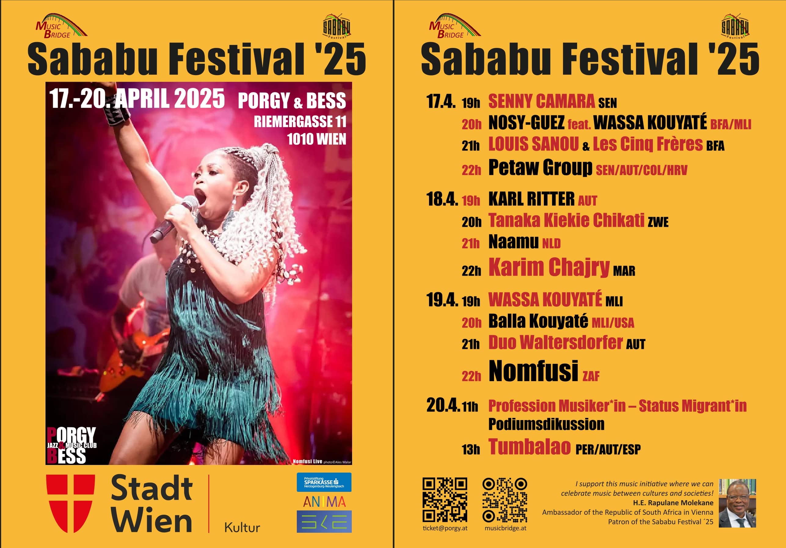 Gelber Flyer vom Sababu-Festival 2025 mit einem Foto der Sängerin Nomfusi und dem gesamten Line-Up des Festivals