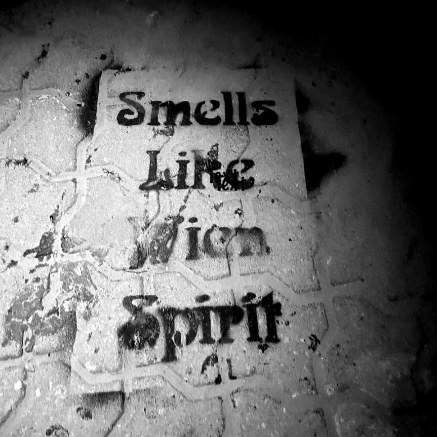 Ein schwarzer Schriftzug „Smells Like Wien Spirit“, aufgesprüht auf einem Pflastersteinboden.