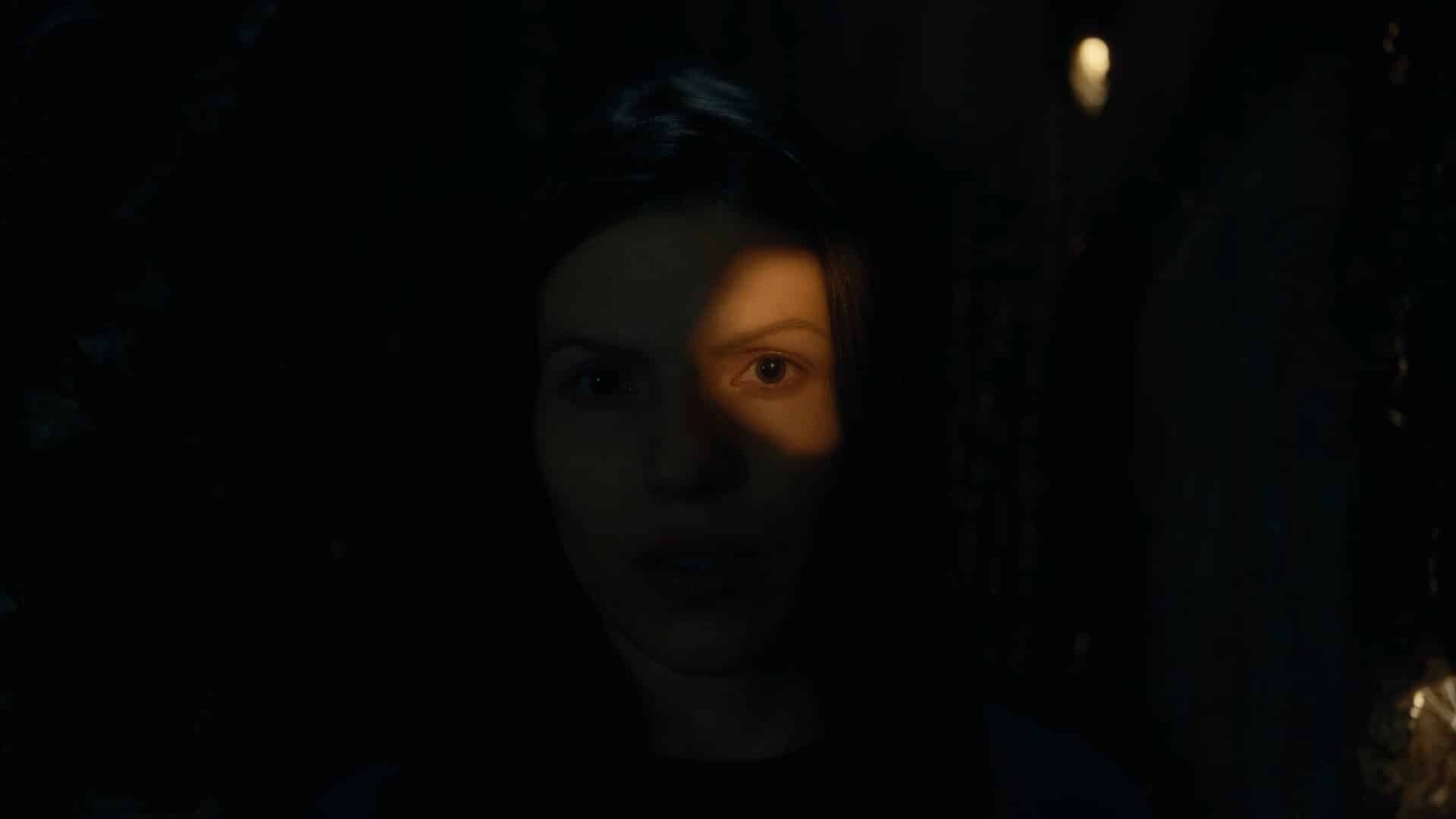 Ein Videostill aus "Girl Loves Me". Die Sängerin Soap&Skin ist im Portait zu sehen. Fast ihr gesamtes Gesicht ist im Schatten nur ein Auge wird durch die Sonne beleuchtet.