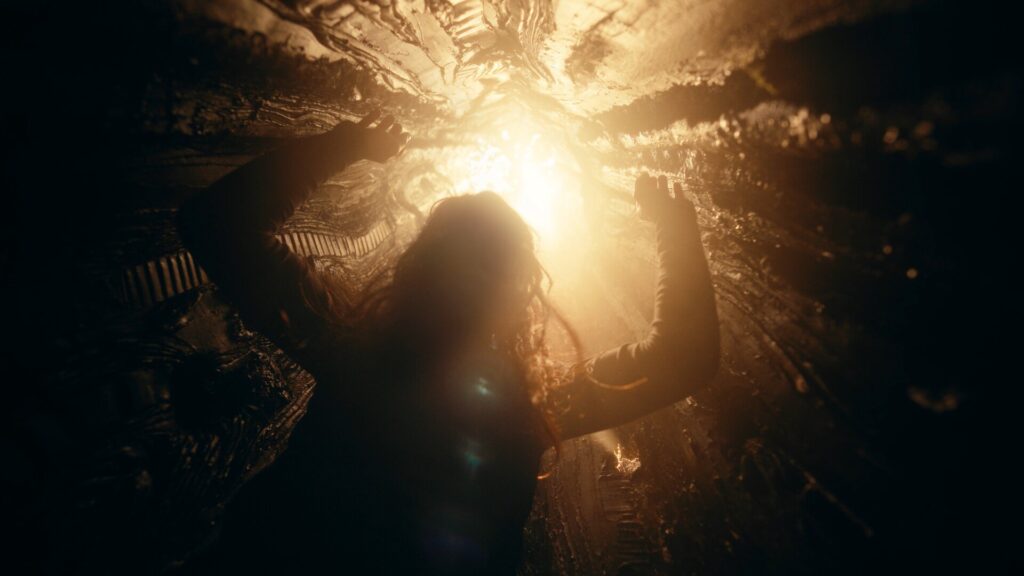 Videostill aus "Girl Loves Me". Die Sängerin Soap&Skin ist in einem Baumstamm, welcher von oben herab beleuchtet wird.